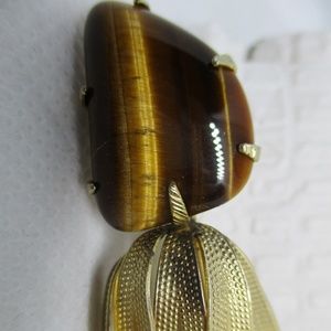 TIGER EYE Genuine PEARL Gold Tone Flower Brooch